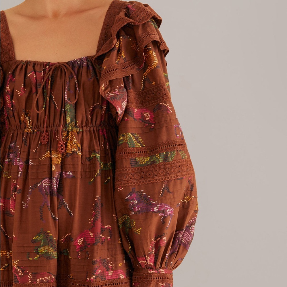Brown Bohemian Dress with Colorful Embroidery